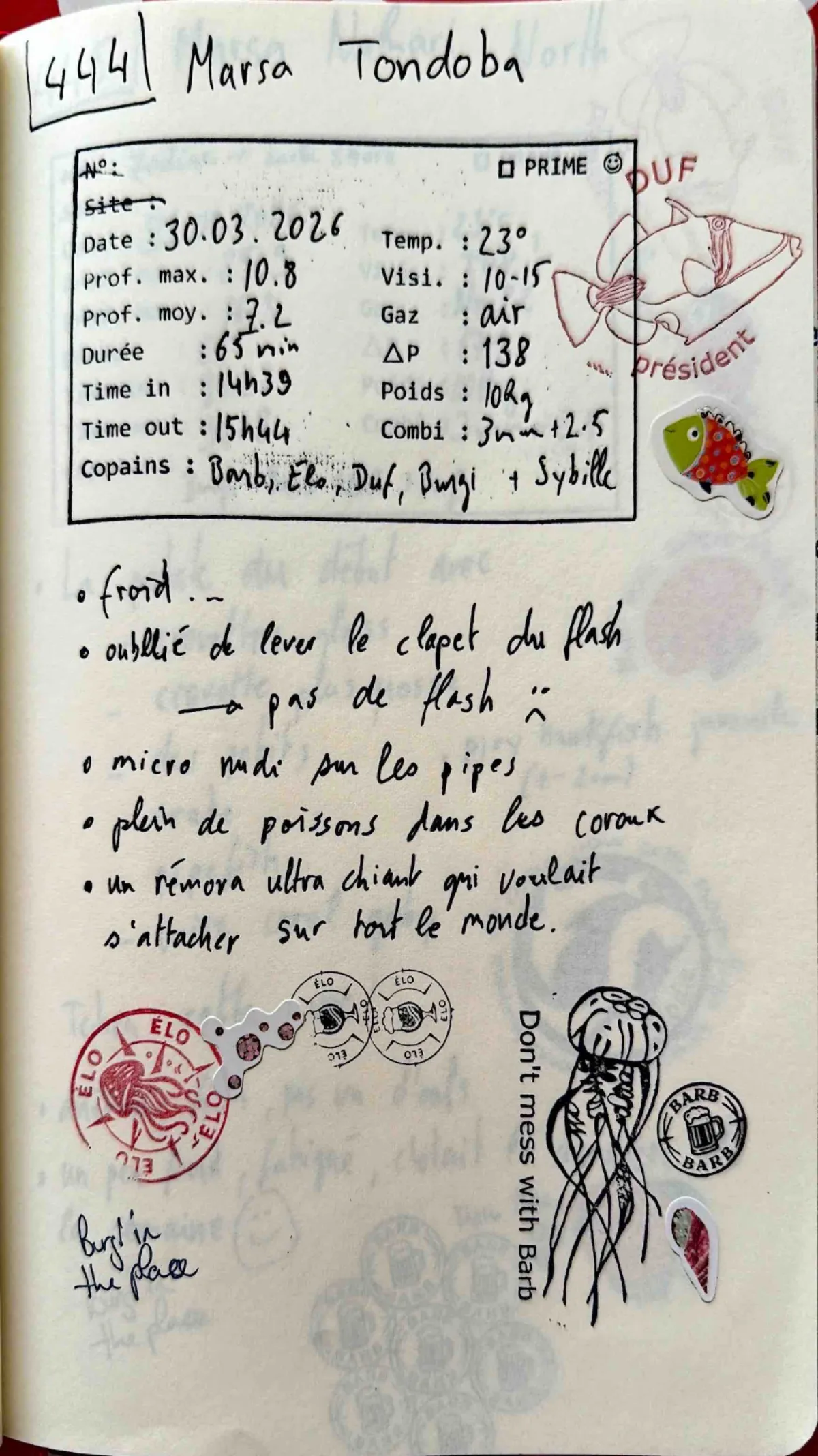 Page du carnet de plongée #444