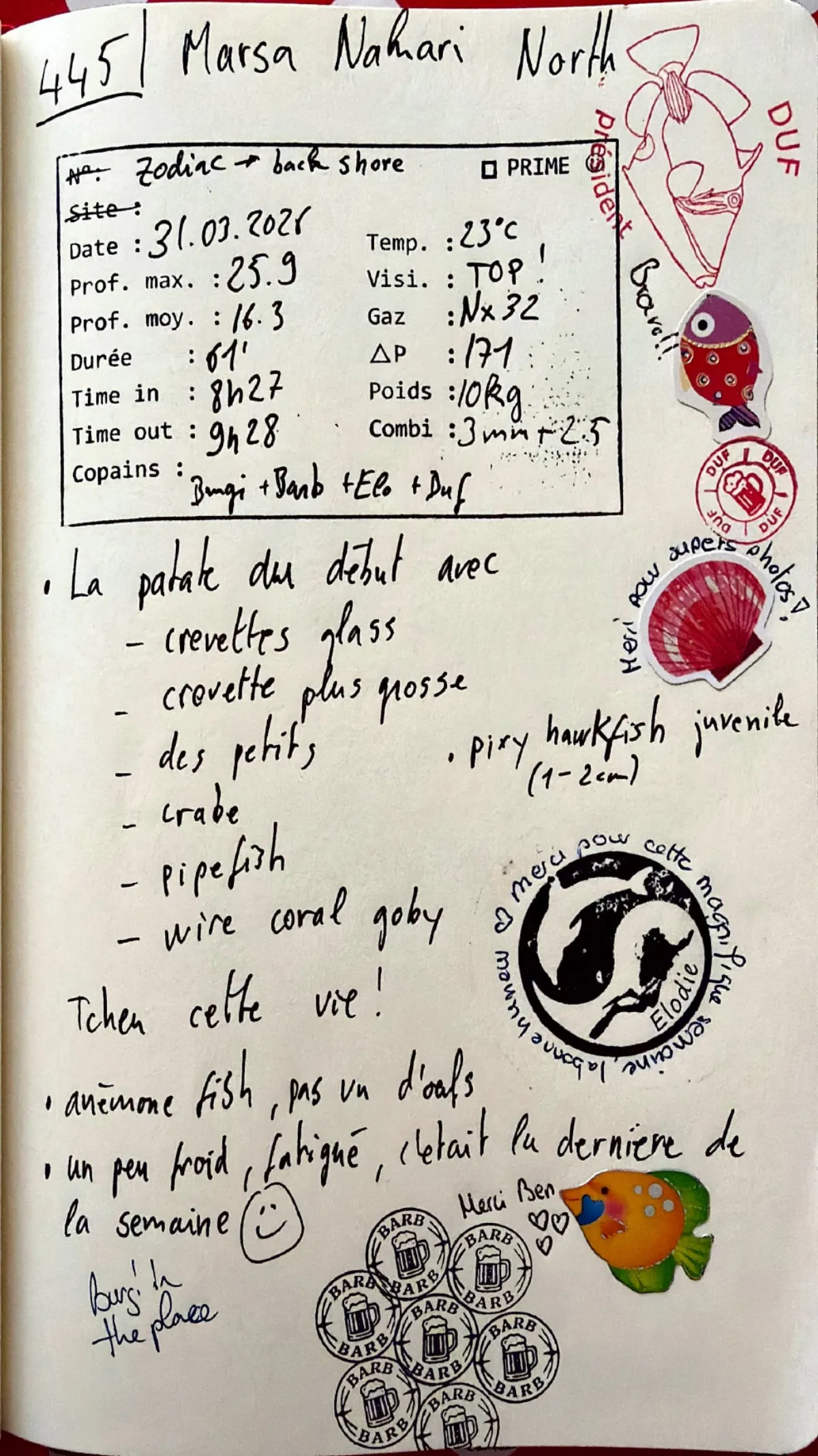 Page du carnet de plongée #445