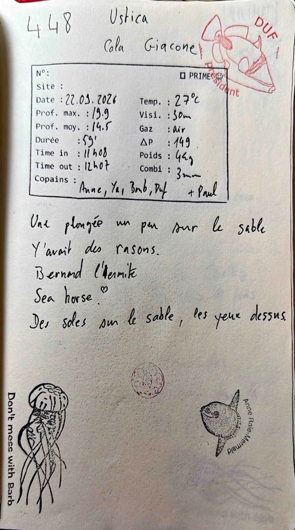 Page du carnet de plongée #448